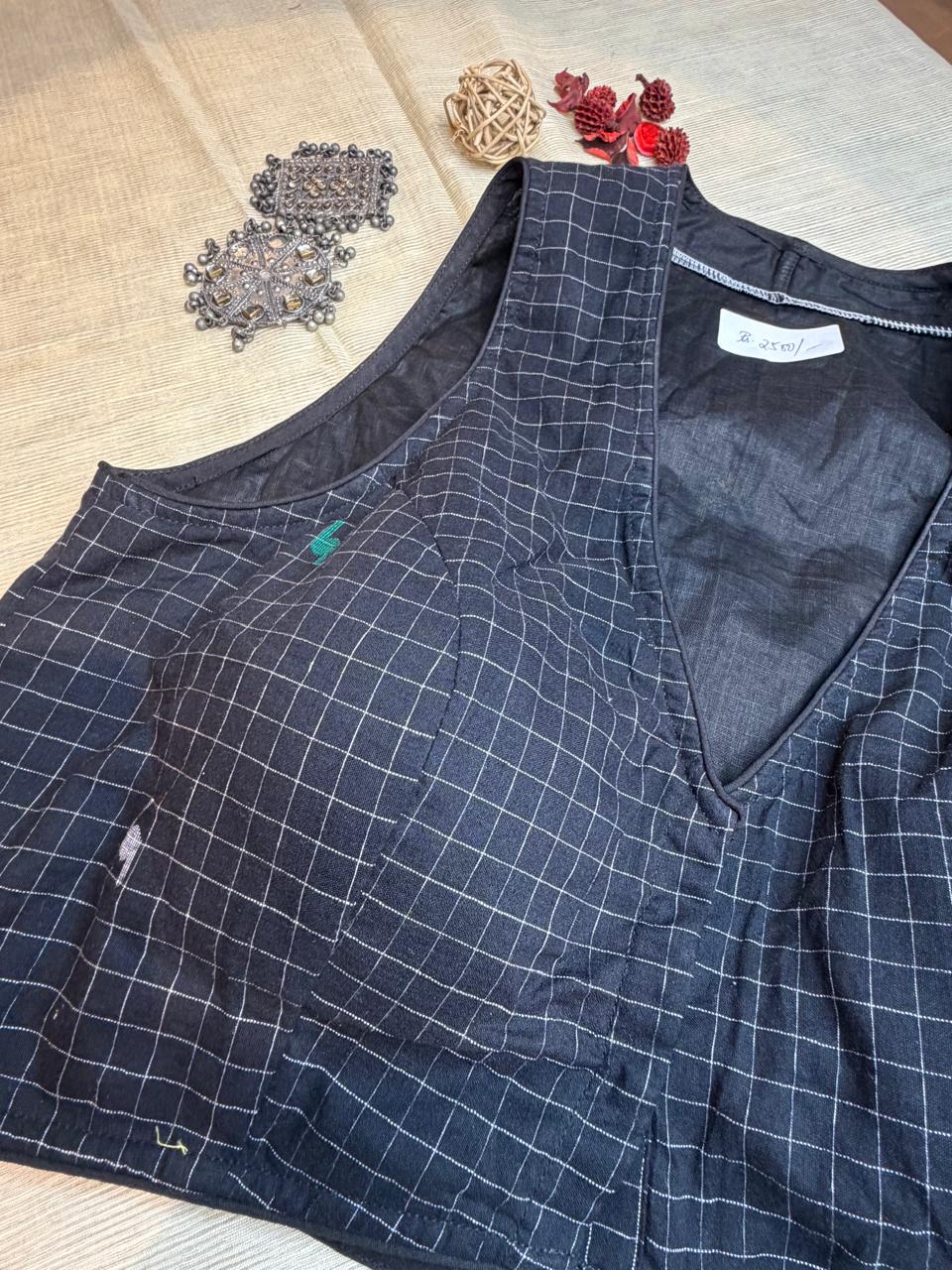 Pure Mul Cotton Ikkat Blouse (Black – Checks with Jamdani Weaving)