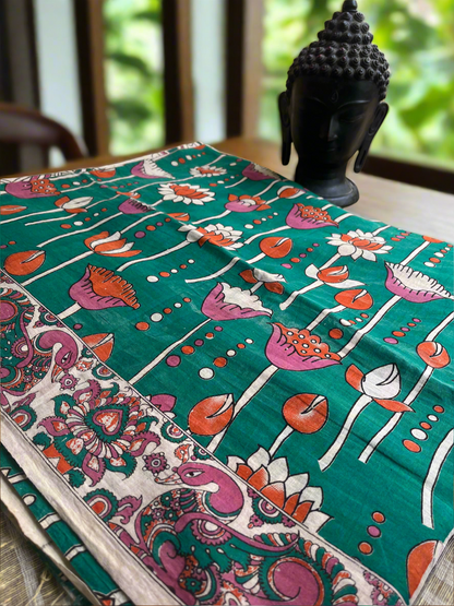 Kalamkari Mul Cotton Saree Green