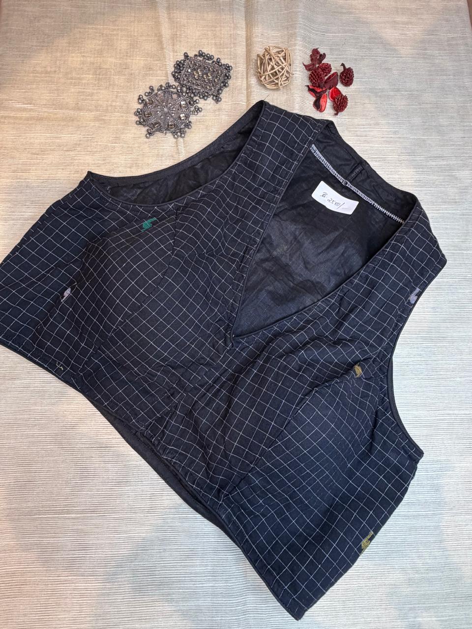 Pure Mul Cotton Ikkat Blouse (Black – Checks with Jamdani Weaving)