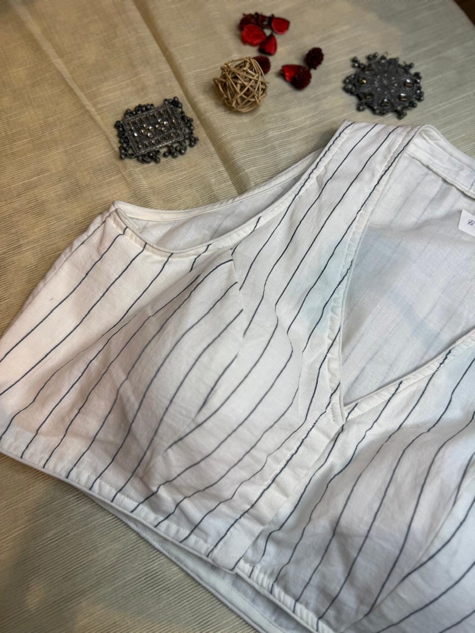 Pure Mul Cotton Ikkat Blouse (White – Stripes)